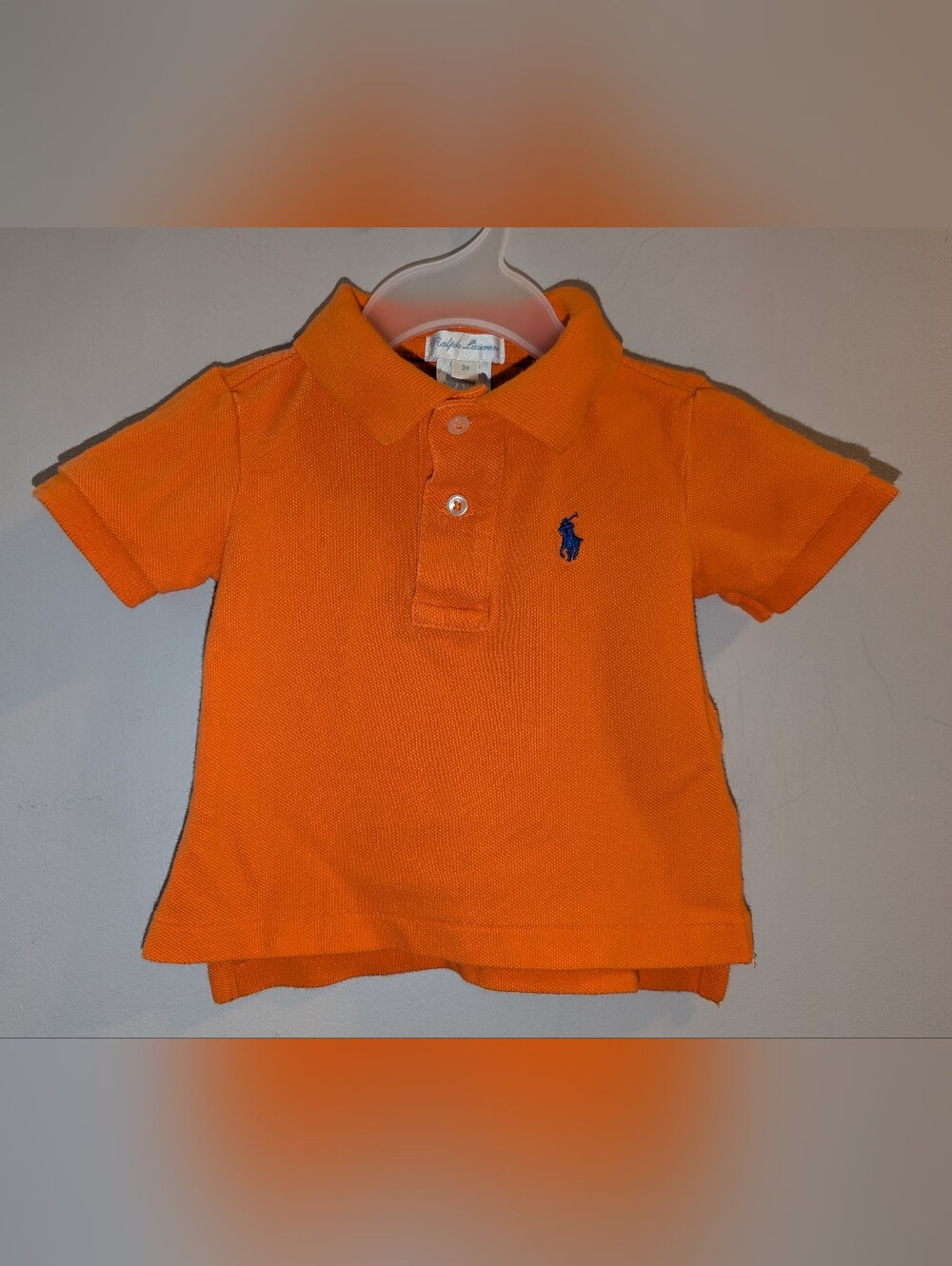 Ralph Lauren Bright Orange Pique Knit Polo Golf Shirt with Blue Pony 9 Months